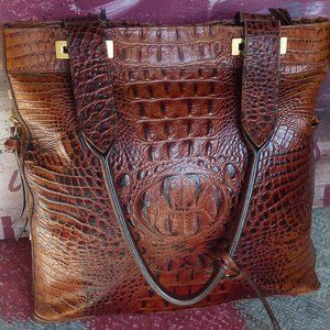 BRAHMIN Large Tote Shoulder Purse Handbag Leather Croc Embossed Mahogany Brown